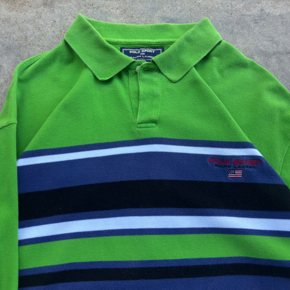 Vintage 90s Polo Sport Ralph Lauren Striped Polo Shirt Green Blue XL (k2)